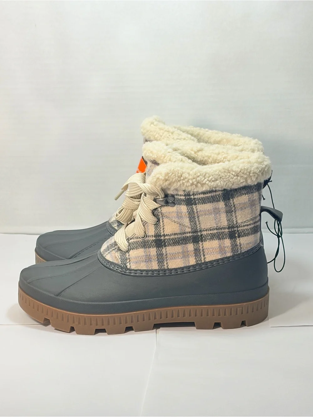 Ozark Trail Women's Plaid Faux Shearling Duck Boots in Gray and Tan